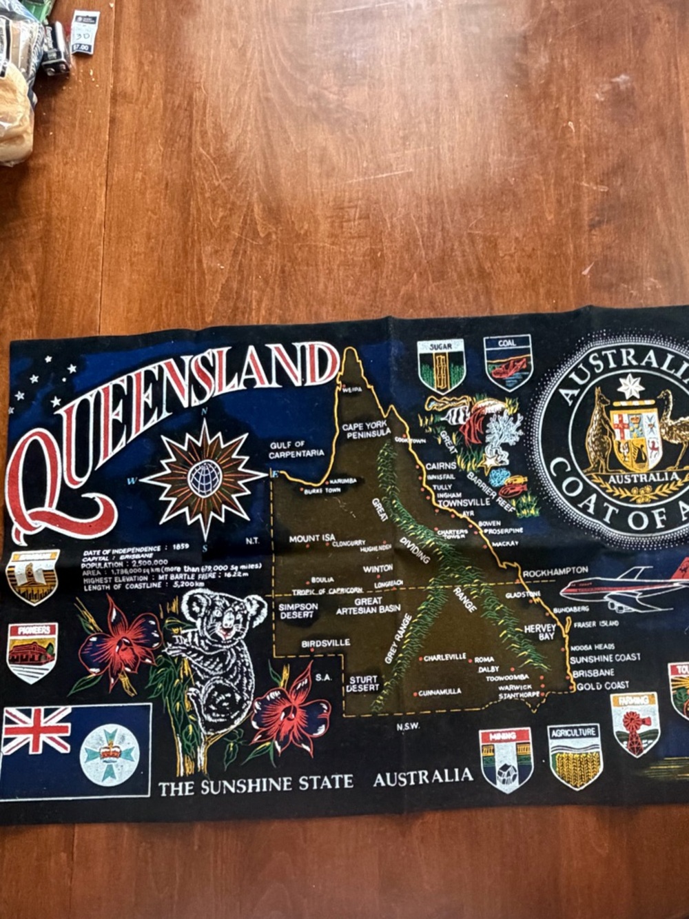 RARE Vintage Australia Queensland Map Cloth Wall Hanging Kangaroo Souvenir Decor